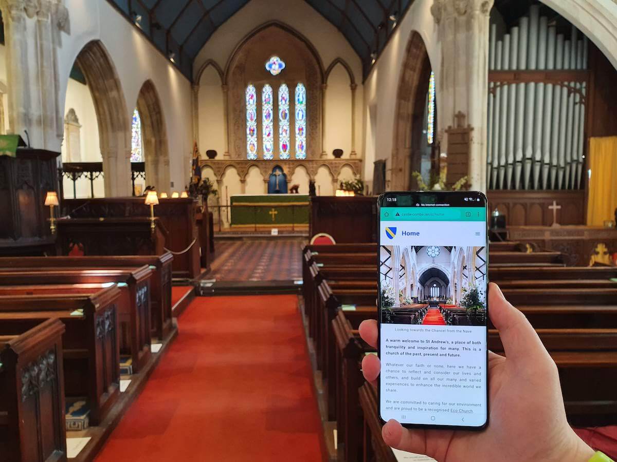 church tour displayed on a phone connected to Info Point inside the church