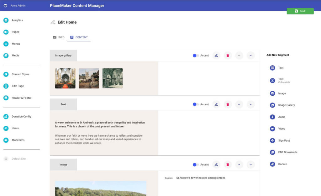 PlaceMaker page builder screen
