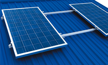 two solar panels mounted on rails on blue metal roof