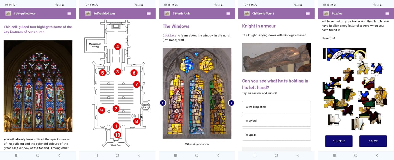 five screenshots showing: the home page with east window; the interactive floorplan; an image of the contemporary millenium window; a quiz question and an incomplete jigsaw